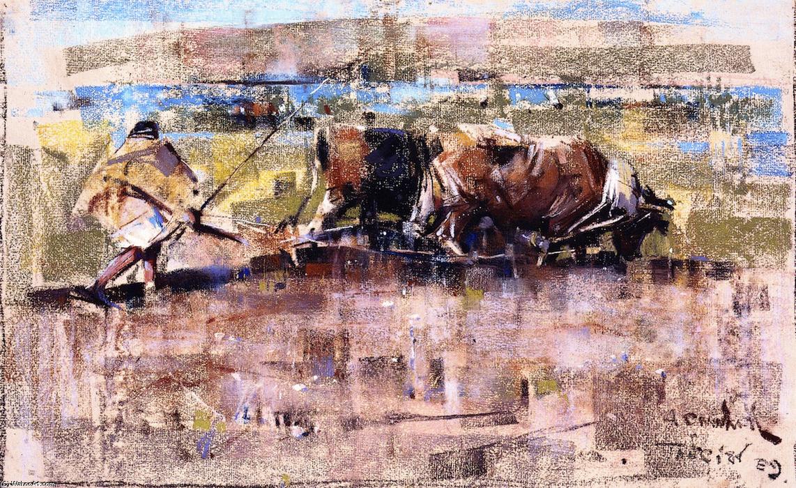 Wikioo.org - The Encyclopedia of Fine Arts - Painting, Artwork by Joseph Crawhall - Oxen Ploughing, Tangier