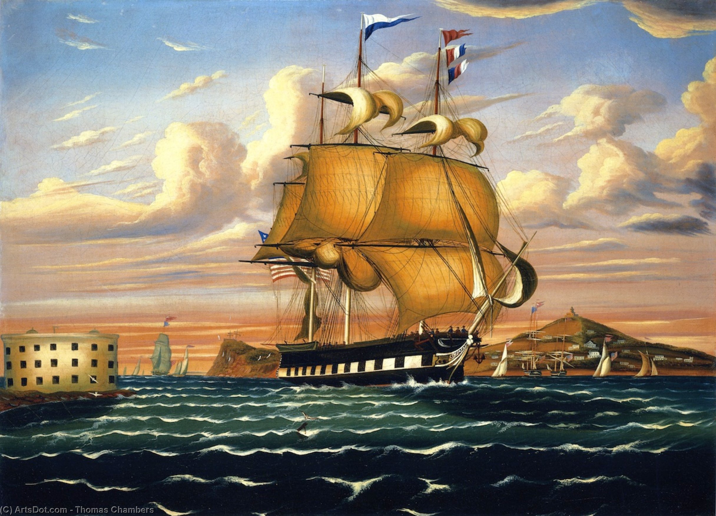 Wikioo.org - The Encyclopedia of Fine Arts - Painting, Artwork by Thomas Chambers - Packet Ship Passing Castle Williams, New York Harbor