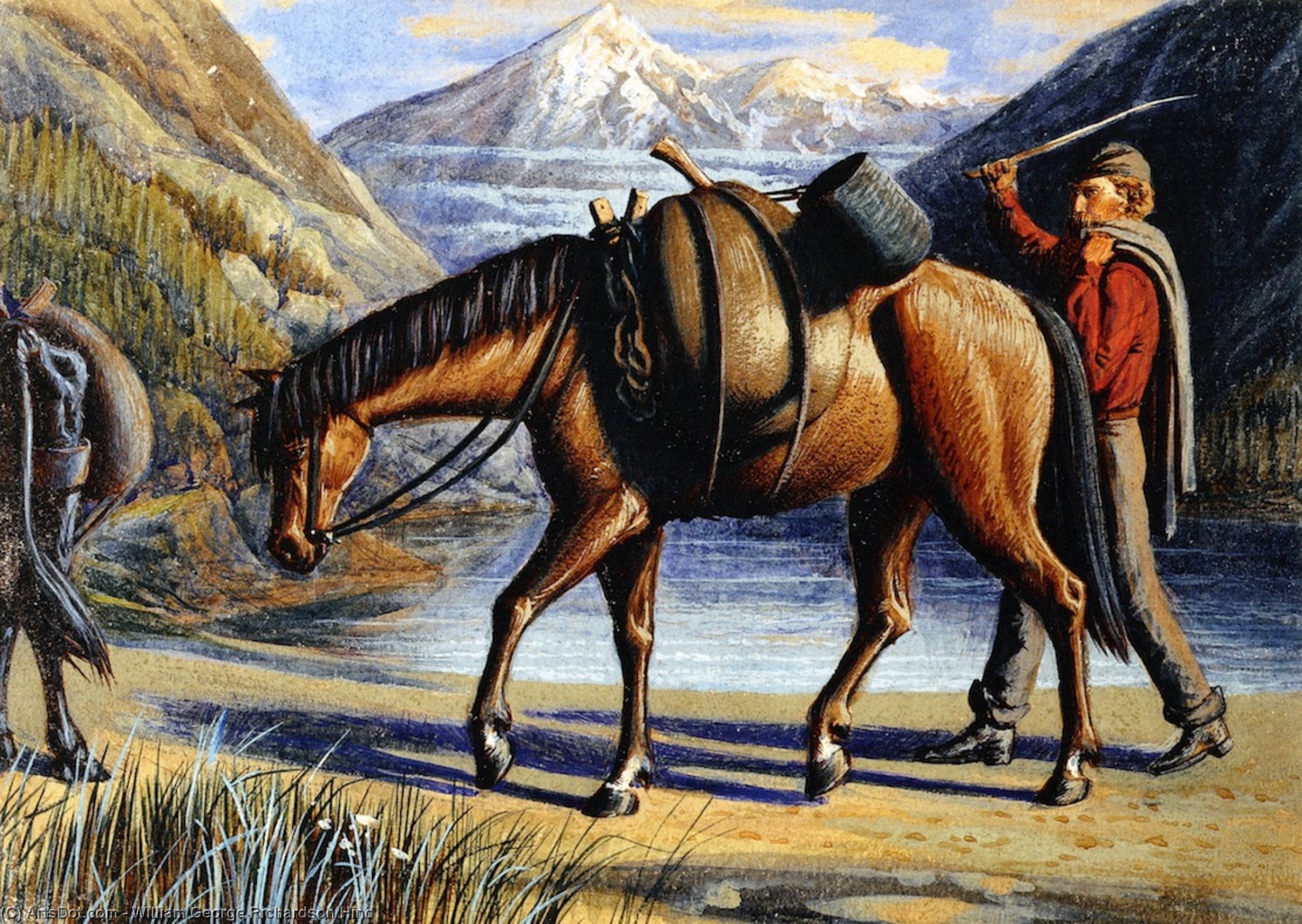 Wikioo.org - The Encyclopedia of Fine Arts - Painting, Artwork by William George Richardson Hind - Pack Horse, Athabaska River, Rocky Mountains