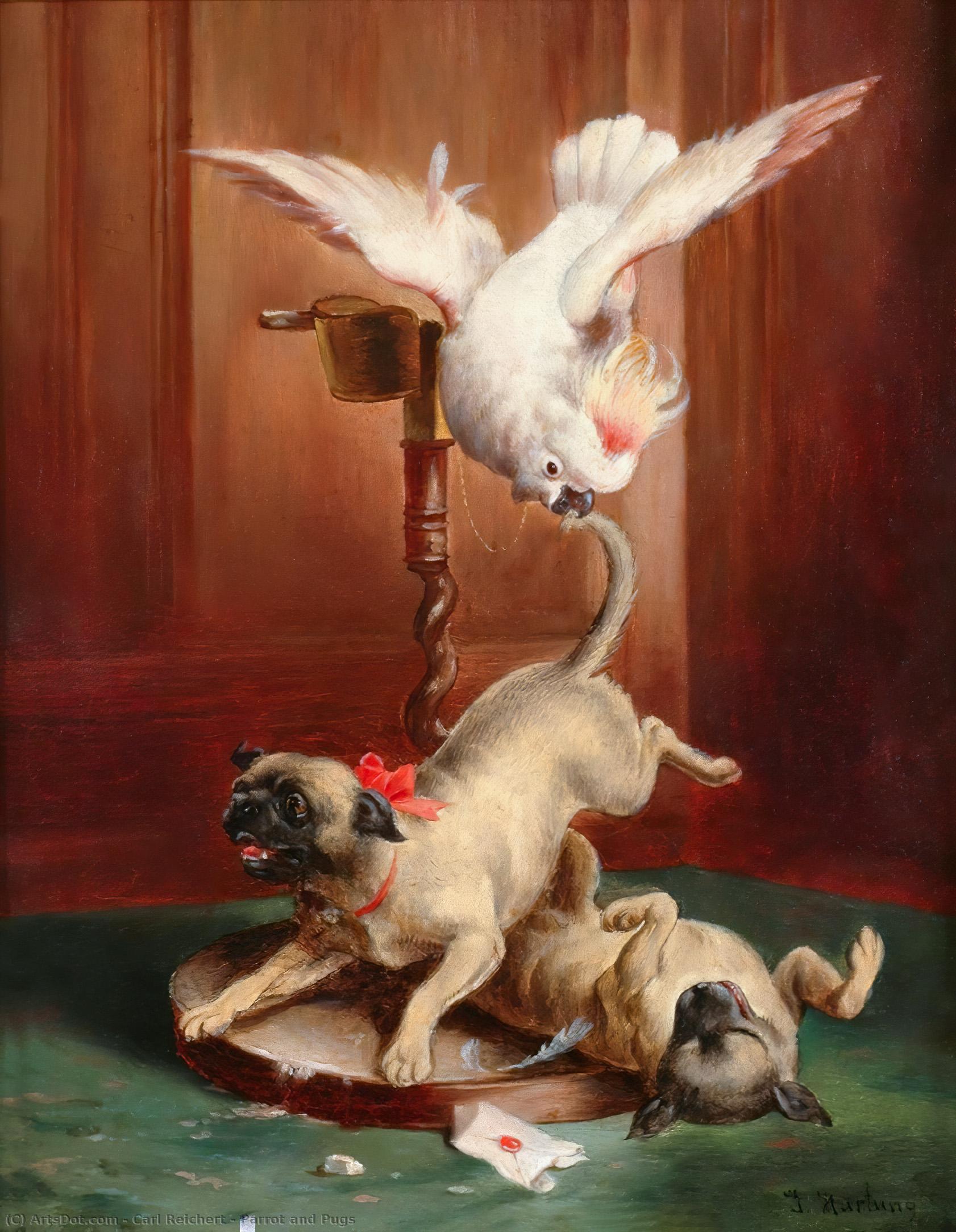 Wikioo.org - The Encyclopedia of Fine Arts - Painting, Artwork by Carl Reichert - Parrot and Pugs