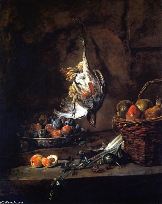 Wikioo.org - The Encyclopedia of Fine Arts - Painting, Artwork by Jean-Baptiste Simeon Chardin - Partridge, Bowl of Plums and Basket of Pears