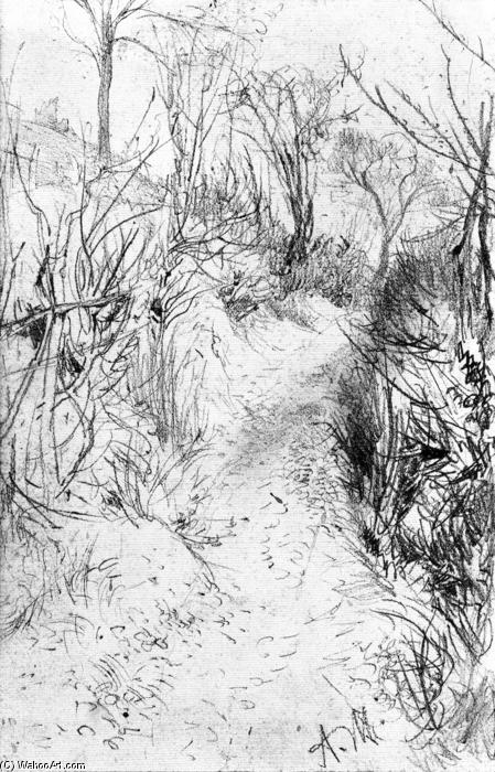 Wikioo.org - The Encyclopedia of Fine Arts - Painting, Artwork by Adolph Menzel - Path Lined with Bare Hedges