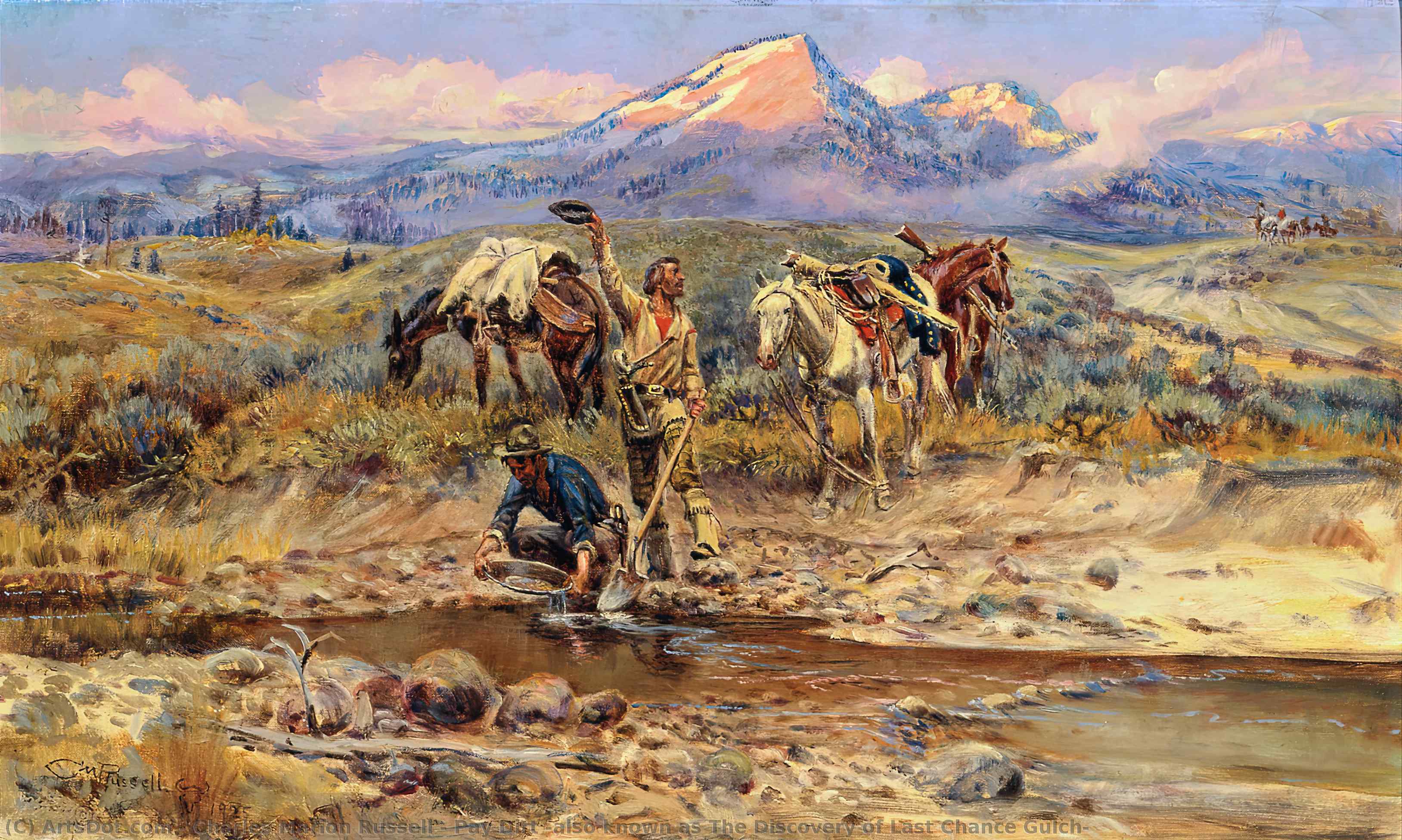 Wikioo.org - The Encyclopedia of Fine Arts - Painting, Artwork by Charles Marion Russell - Pay Dirt (also known as The Discovery of Last Chance Gulch)