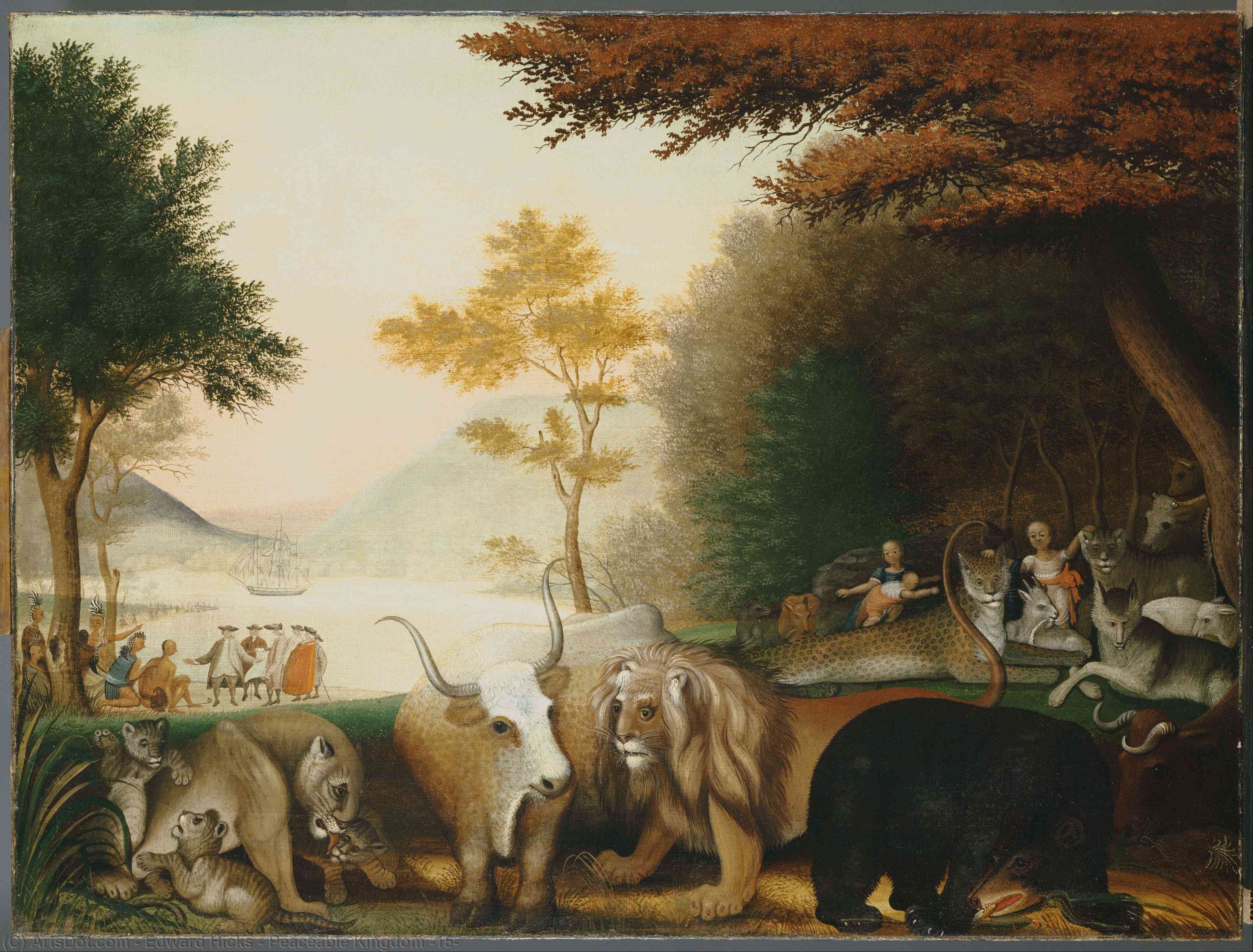 Wikioo.org - The Encyclopedia of Fine Arts - Painting, Artwork by Edward Hicks - Peaceable Kingdom (15)