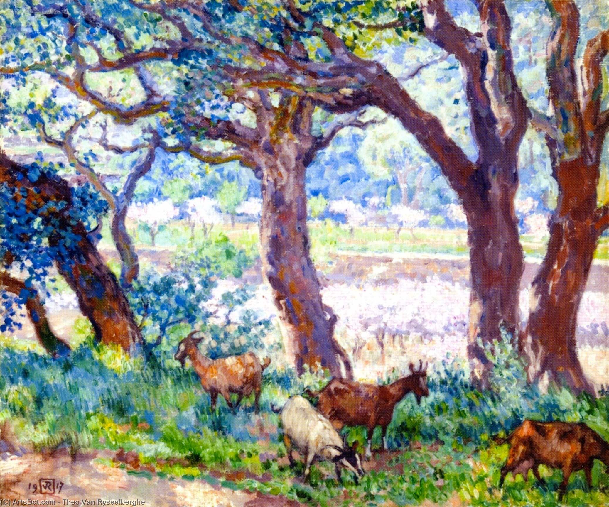 WikiOO.org - Enciklopedija dailės - Tapyba, meno kuriniai Theo Van Rysselberghe - Peach Trees in Blossom, Cork Oaks and Goats