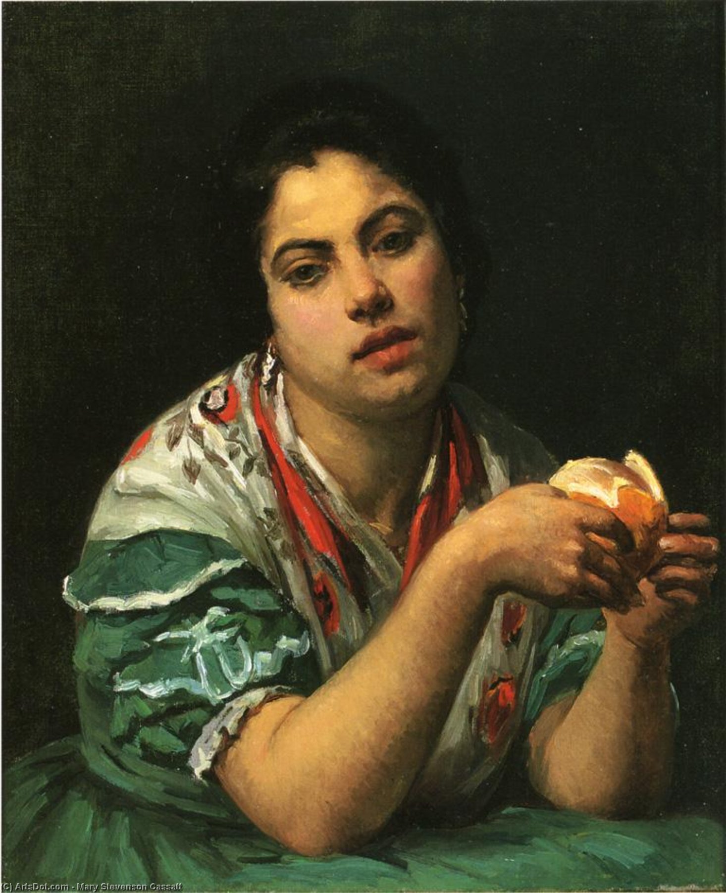 WikiOO.org - Enciklopedija dailės - Tapyba, meno kuriniai Mary Stevenson Cassatt - Peasant Woman Peeling an Orange
