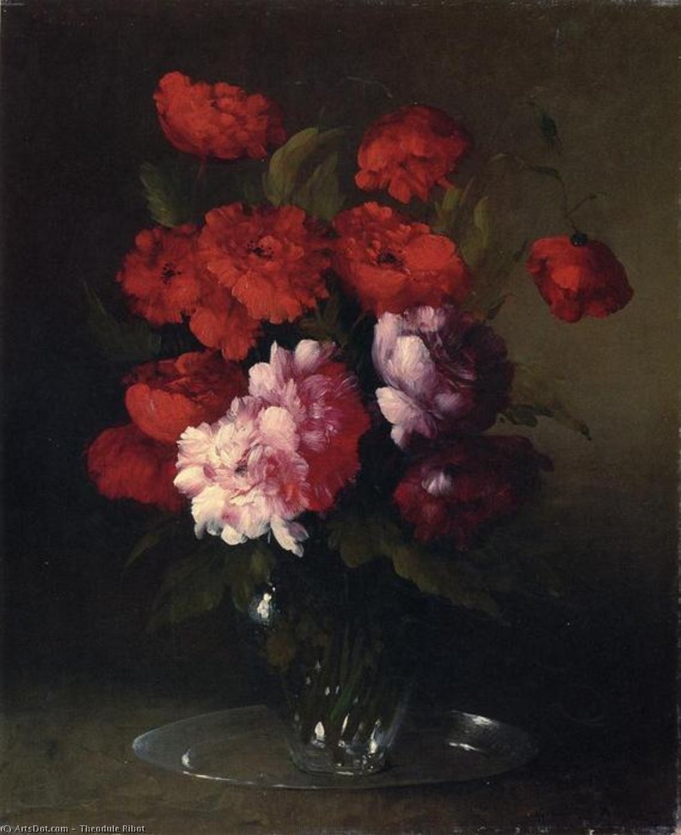 Wikioo.org - The Encyclopedia of Fine Arts - Painting, Artwork by Théodule Augustin Ribot - Peonies and Poppies in a Glass Vase