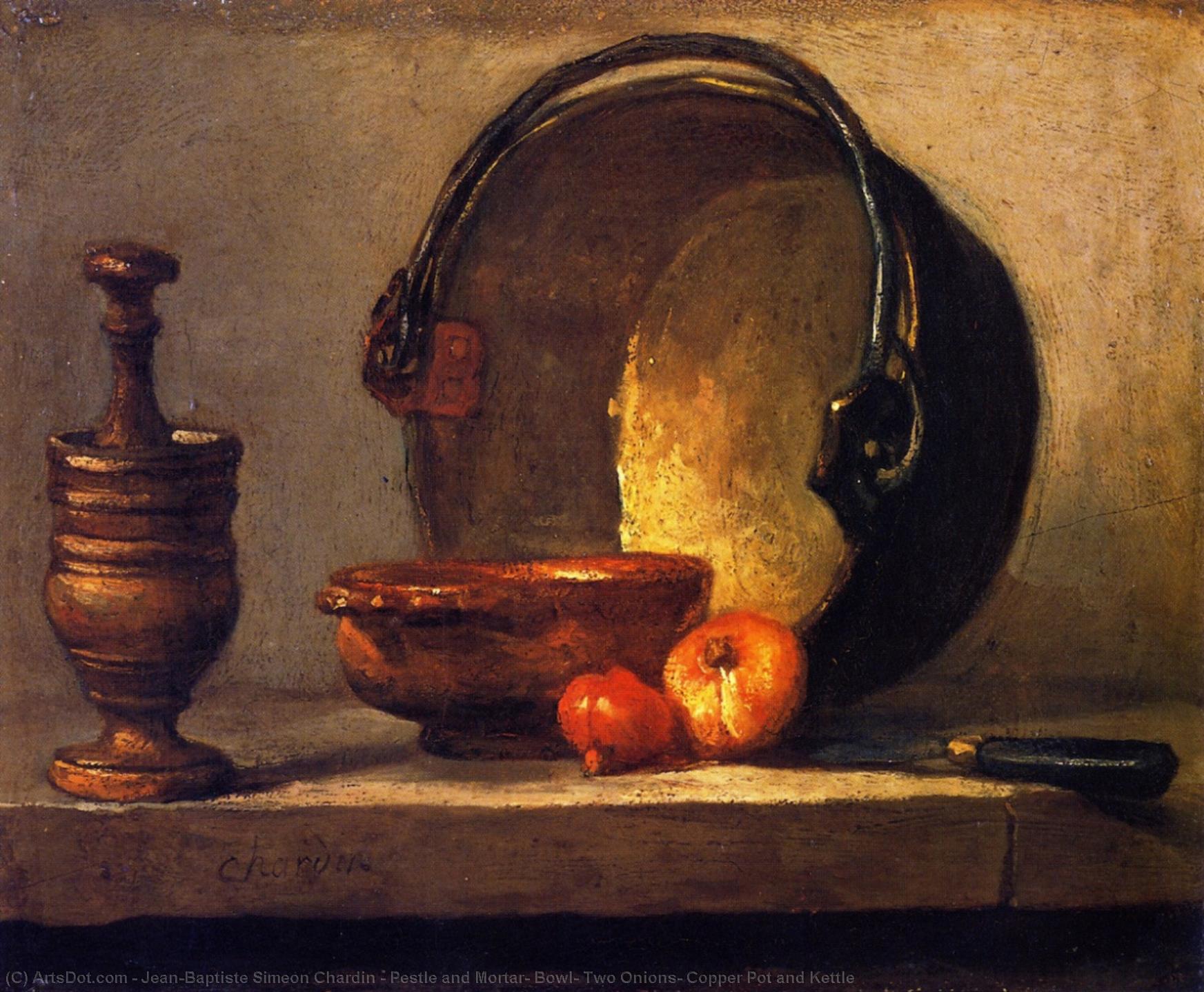 Wikioo.org - The Encyclopedia of Fine Arts - Painting, Artwork by Jean-Baptiste Simeon Chardin - Pestle and Mortar, Bowl, Two Onions, Copper Pot and Kettle