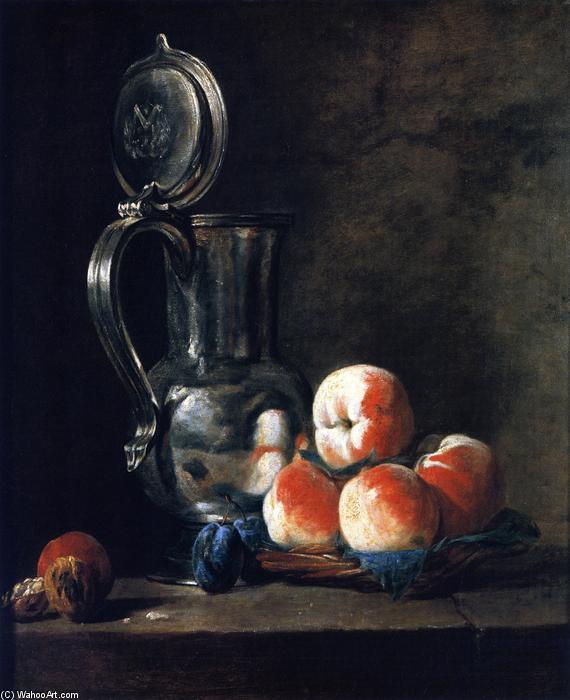Wikioo.org - The Encyclopedia of Fine Arts - Painting, Artwork by Jean-Baptiste Simeon Chardin - Pewter Jug with Basket of Peaches, Plums and Walnuts