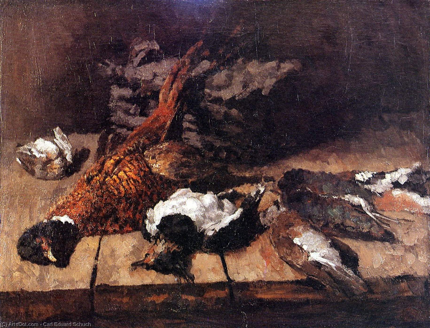 Wikioo.org – L'Encyclopédie des Beaux Arts - Peinture, Oeuvre de Carl Eduard Schuch - faisan petit  oiseaux  et  panier