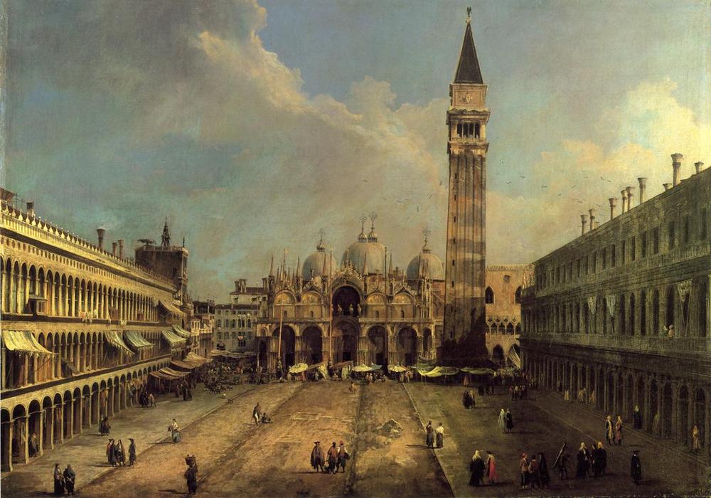 Wikioo.org - Die Enzyklopädie bildender Kunst - Malerei, Kunstwerk von Giovanni Antonio Canal (Canaletto) - Piazza San Marco: Blick nach Osten entlang der Mittellinie