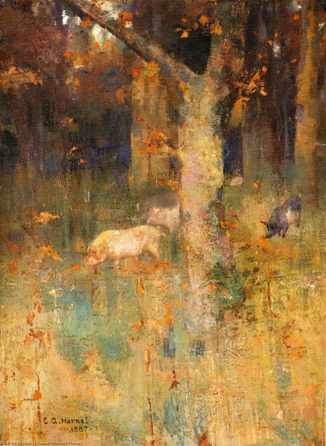 Wikioo.org - The Encyclopedia of Fine Arts - Painting, Artwork by Edward Atkinson Hornel - Pigs in a Wood