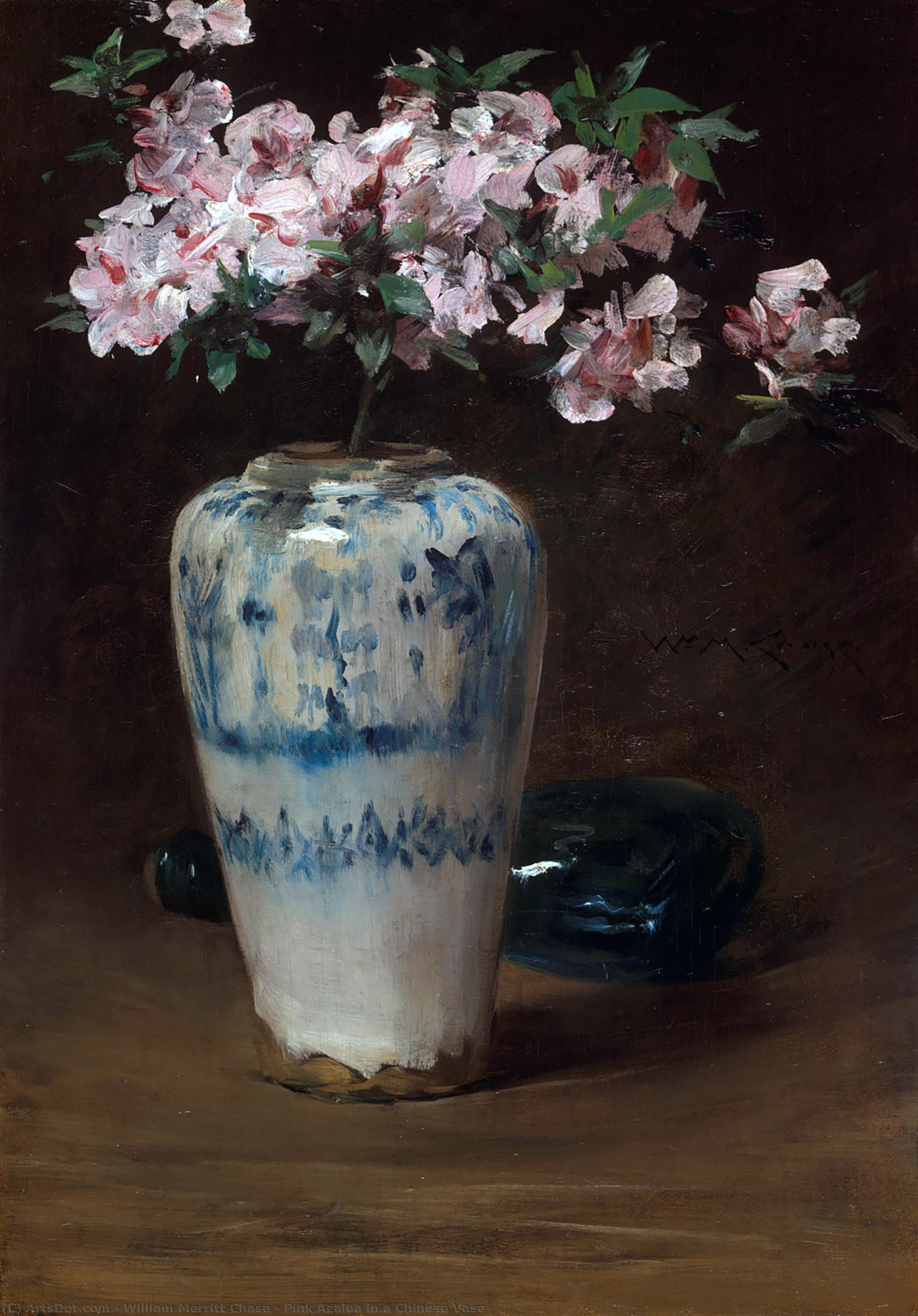 WikiOO.org - Encyclopedia of Fine Arts - Maleri, Artwork William Merritt Chase - Pink Azalea in a Chinese Vase