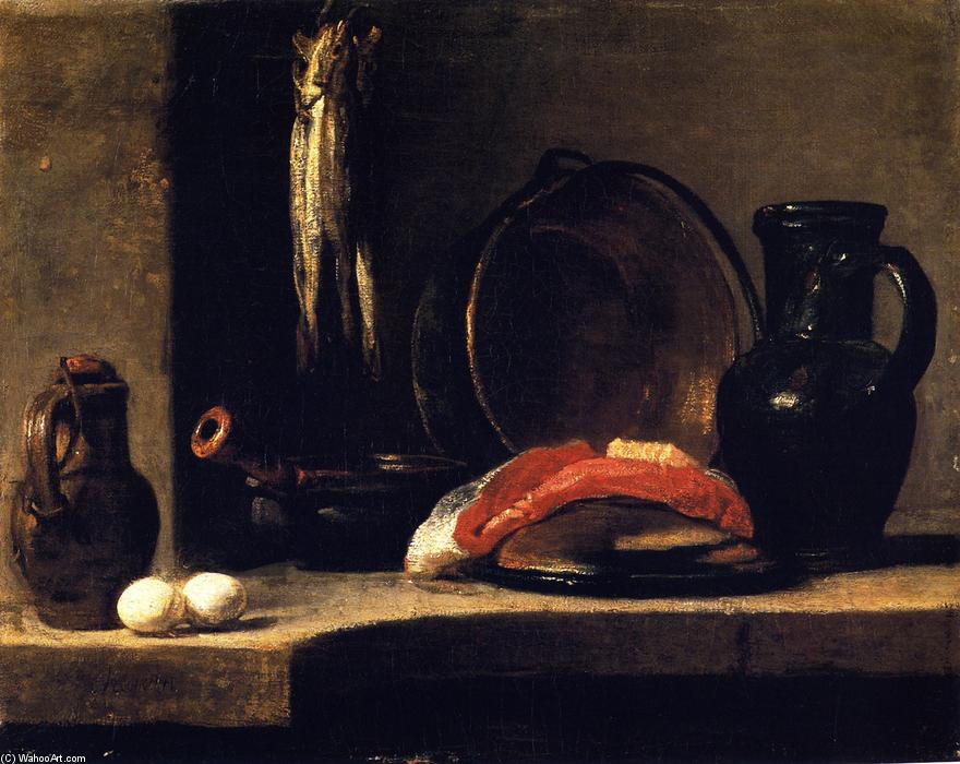Wikioo.org - The Encyclopedia of Fine Arts - Painting, Artwork by Jean-Baptiste Simeon Chardin - A Pitcher, Two Eggs, a Casserole, Three Herrings, a Copper Pot, A Slice of Fish and a Jug