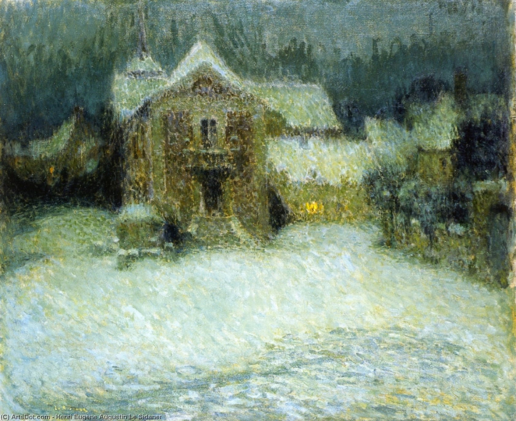 WikiOO.org - 백과 사전 - 회화, 삽화 Henri Eugène Augustin Le Sidaner - A Plaza in the Snow at Gerberoy