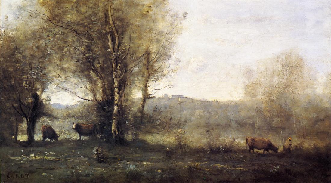 Wikoo.org - موسوعة الفنون الجميلة - اللوحة، العمل الفني Jean Baptiste Camille Corot - Pond with Three Cows (also known as Souvenir of Ville d'Avray)