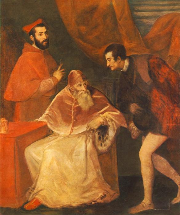 Wikioo.org - The Encyclopedia of Fine Arts - Painting, Artwork by Tiziano Vecellio (Titian) - Pope Paul III and his Cousins Alessandro and Ottavio Farnese