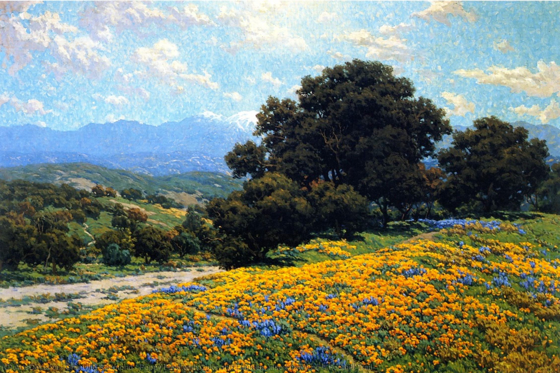 Wikioo.org - The Encyclopedia of Fine Arts - Painting, Artwork by Granville Redmond - Poppy Field with Oaks and Lupines (also known as A Foothill Trail)