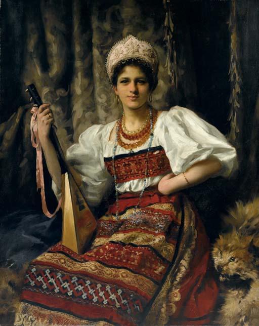 Wikioo.org - The Encyclopedia of Fine Arts - Painting, Artwork by Thomas Benjamin Kennington - Portrait of Anne in Russian costume holding a balalaika
