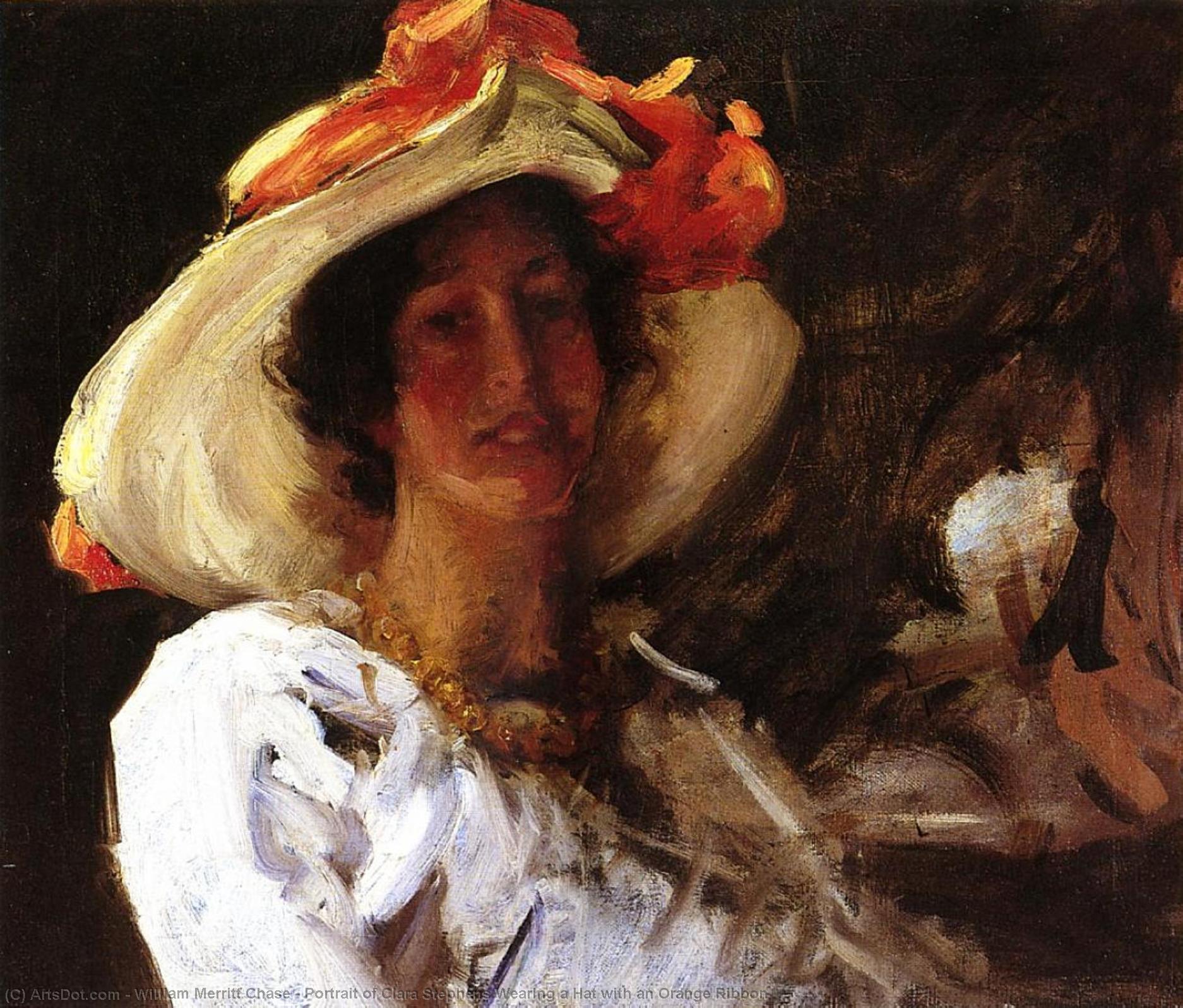 Wikioo.org - The Encyclopedia of Fine Arts - Painting, Artwork by William Merritt Chase - Portrait of Clara Stephens Wearing a Hat with an Orange Ribbon