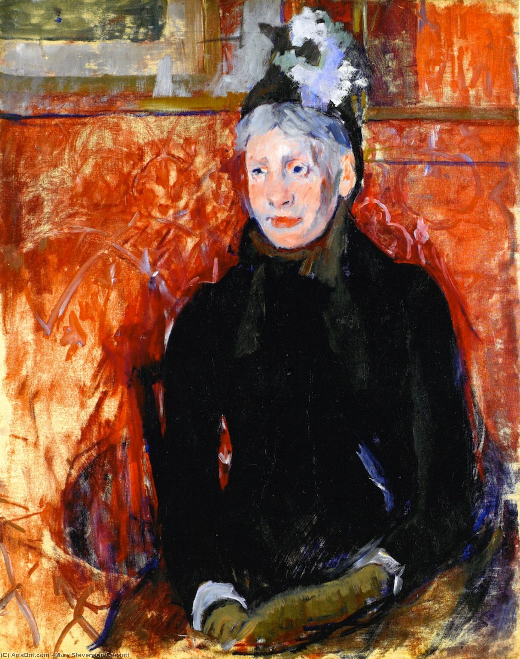 Wikioo.org - The Encyclopedia of Fine Arts - Painting, Artwork by Mary Stevenson Cassatt - Portrait of an Elderly Lady in a Bonnet: Red Background