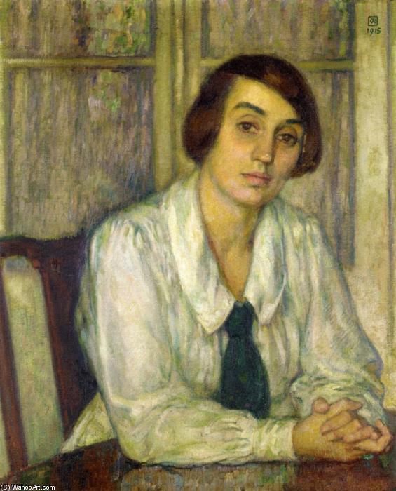 Wikioo.org - The Encyclopedia of Fine Arts - Painting, Artwork by Theo Van Rysselberghe - Portrait of Elizabeth van Rysselberghe, Seated, Her Hands on the Table