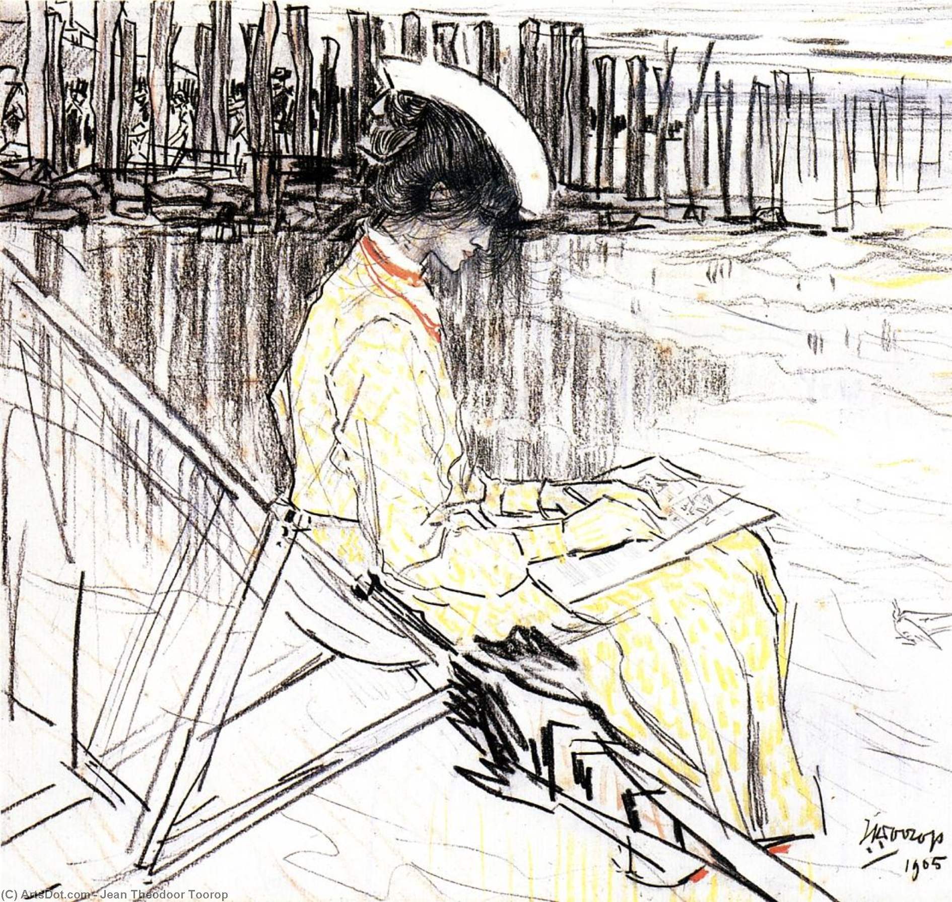Wikioo.org - The Encyclopedia of Fine Arts - Painting, Artwork by Jean Theodoor Toorop - Portrait of Emma Bellwidt on the Beach at Domburg
