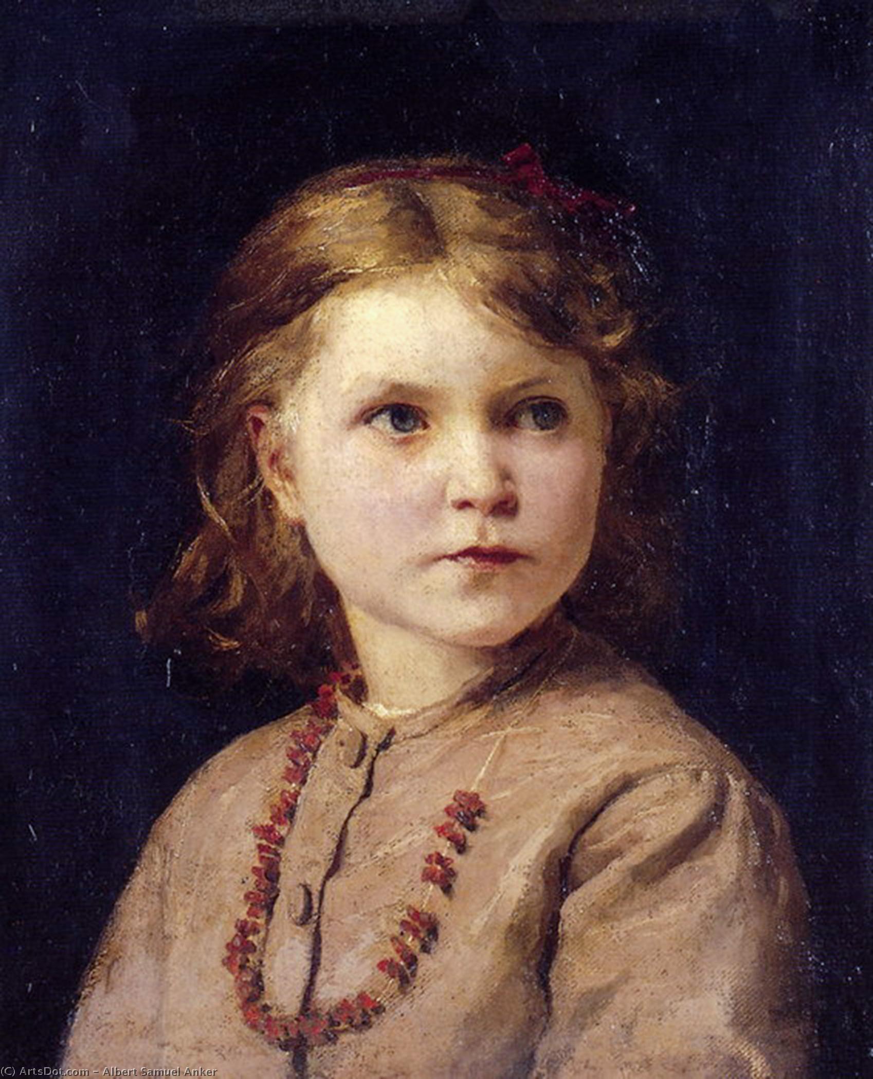 Wikioo.org - Die Enzyklopädie bildender Kunst - Malerei, Kunstwerk von Albert Samuel Anker - Portrait eines Mädchens mit  rot  halskette