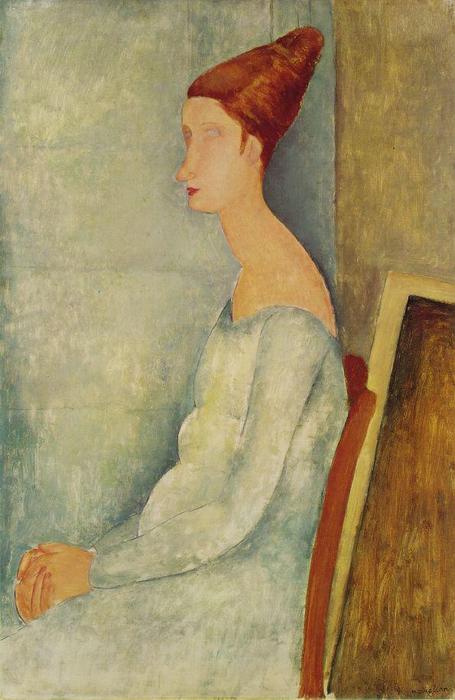 Wikioo.org – La Enciclopedia de las Bellas Artes - Pintura, Obras de arte de Amedeo Modigliani - Retrato de Jeanne Hébuterne sentada  para  perfil