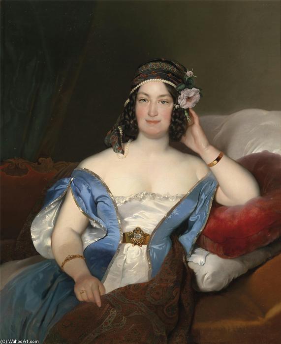 Wikioo.org - The Encyclopedia of Fine Arts - Painting, Artwork by Friedrich Ritter Von Amerling - Portrait of a lady with richly decorated headdress and roses in her hair