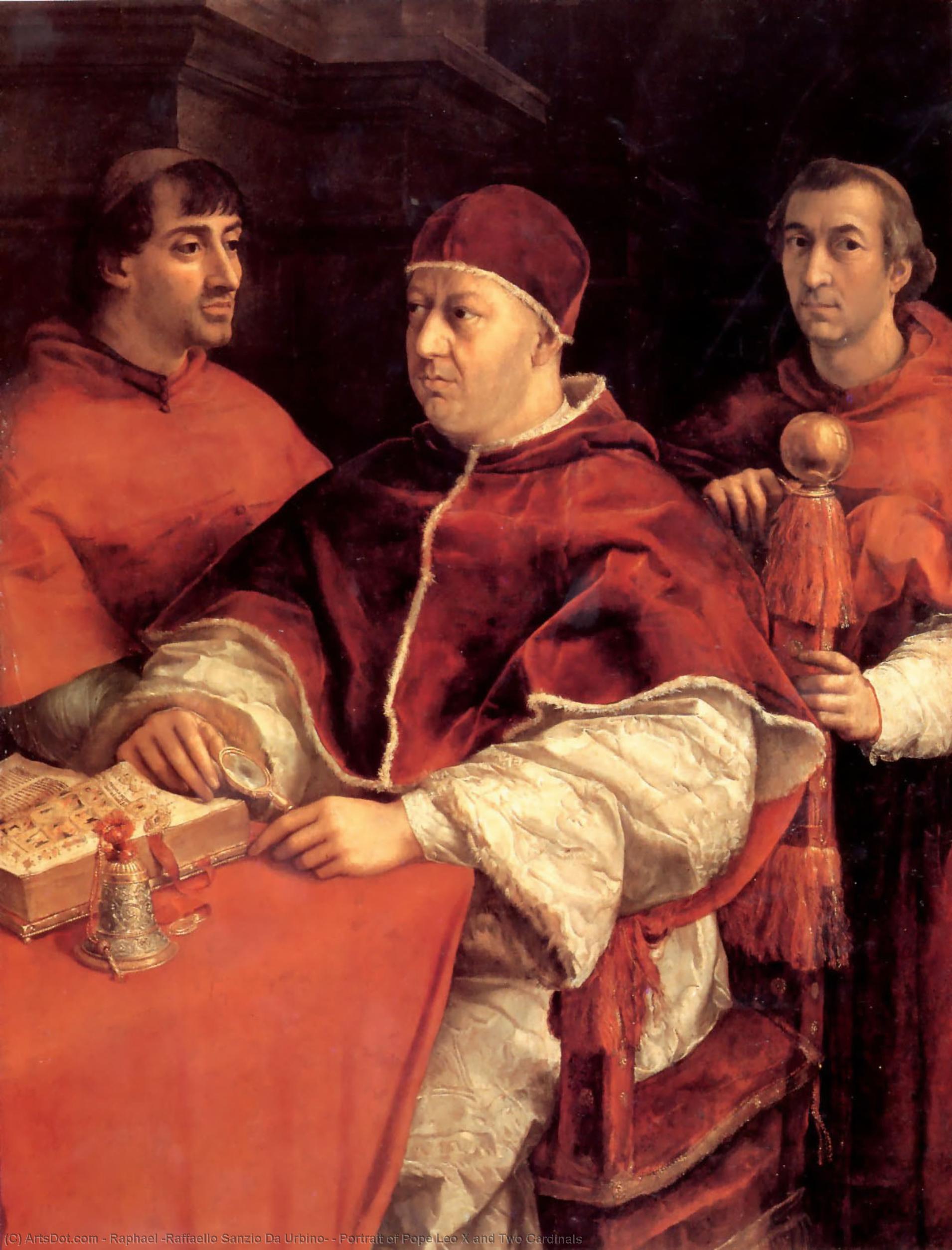 WikiOO.org - Enciklopedija dailės - Tapyba, meno kuriniai Raphael (Raffaello Sanzio Da Urbino) - Portrait of Pope Leo X and Two Cardinals