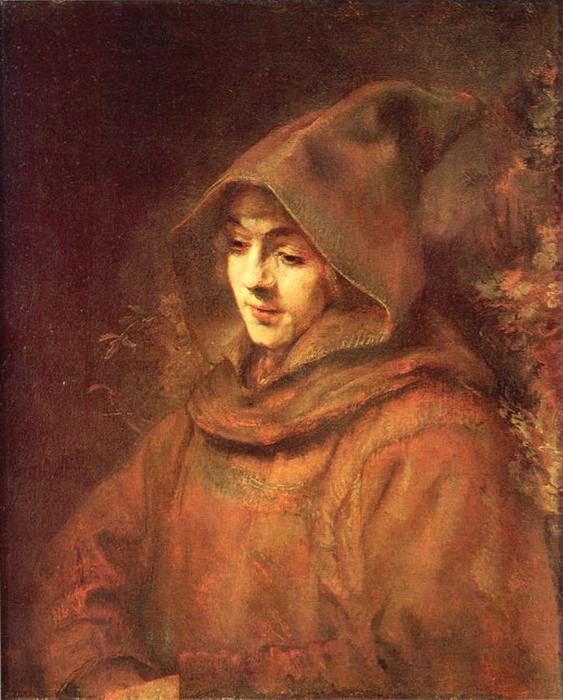 Wikioo.org – L'Enciclopedia delle Belle Arti - Pittura, Opere di Rembrandt Van Rijn - Ritratto di Tito contro  monaco  abito