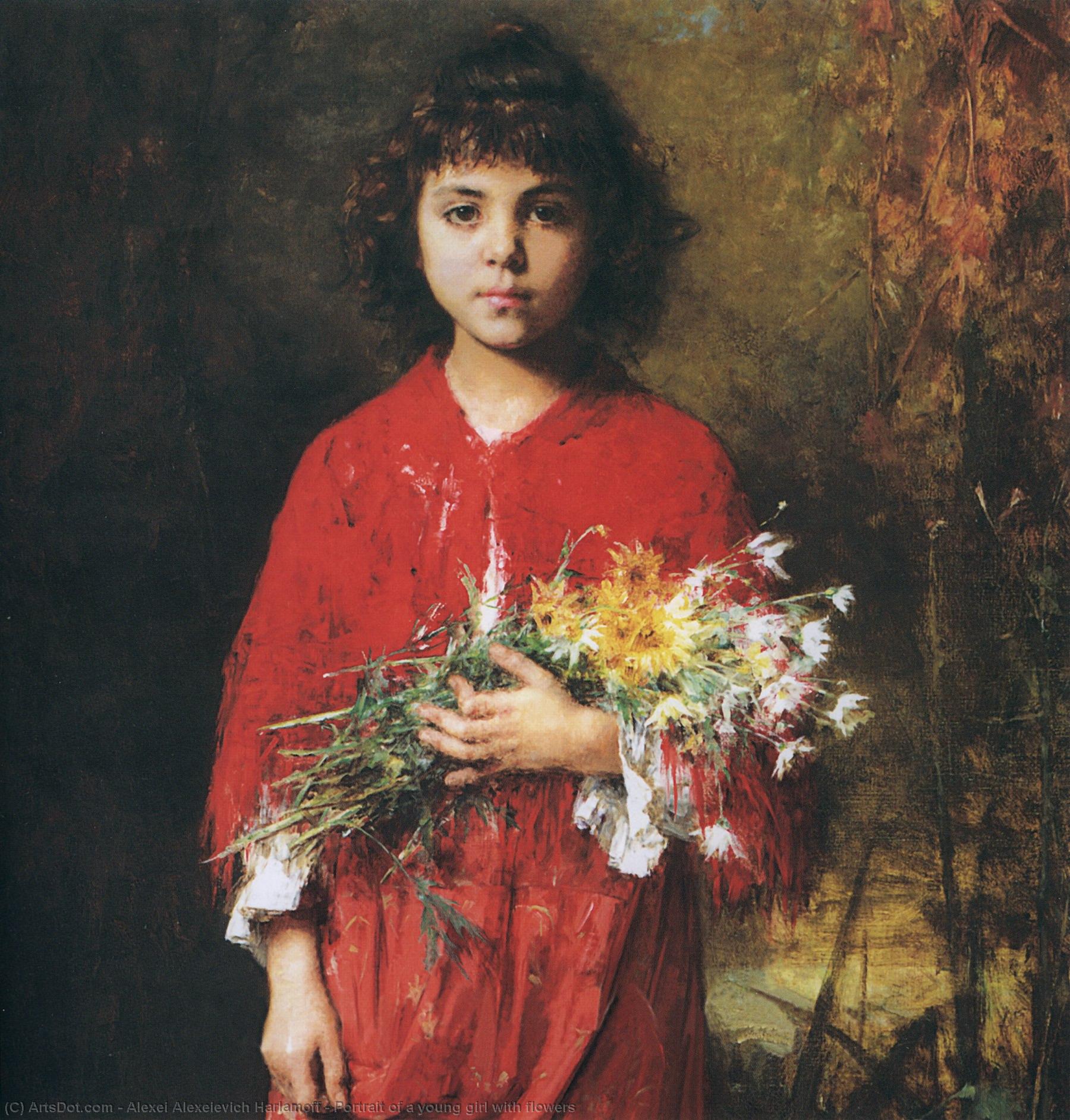 Wikioo.org – La Enciclopedia de las Bellas Artes - Pintura, Obras de arte de Alexei Alexeievich Harlamoff - retrato de un niña joven enestado  flores