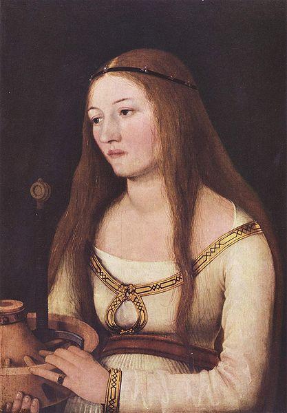 WikiOO.org - Enciclopédia das Belas Artes - Pintura, Arte por Hans Holbein The Elder - PortrÃ¤t der Katharina Schwarz mit den Attributen ihrer Nahmensheiligen