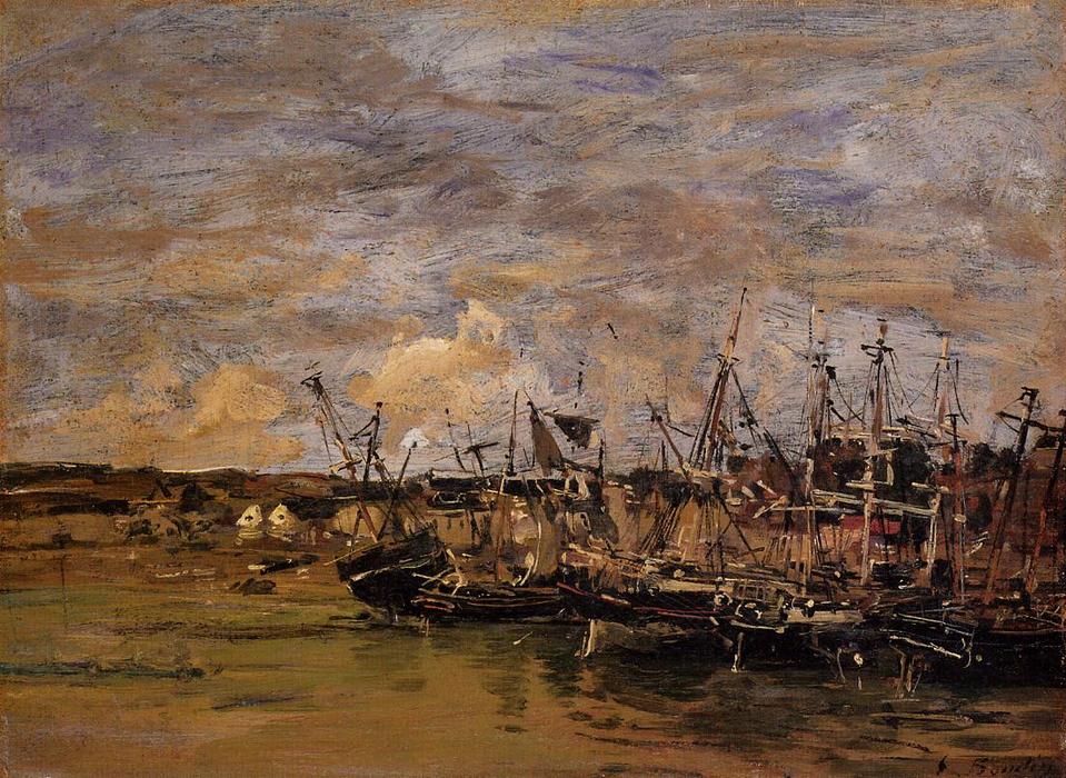 Wikioo.org - The Encyclopedia of Fine Arts - Painting, Artwork by Eugène Louis Boudin - Portrieux, Fishing Boats at Low Tide