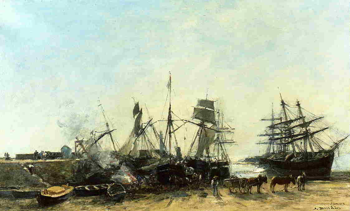 Wikioo.org - The Encyclopedia of Fine Arts - Painting, Artwork by Eugène Louis Boudin - Portrieux, the Port at Low Tide, Unloading Fish
