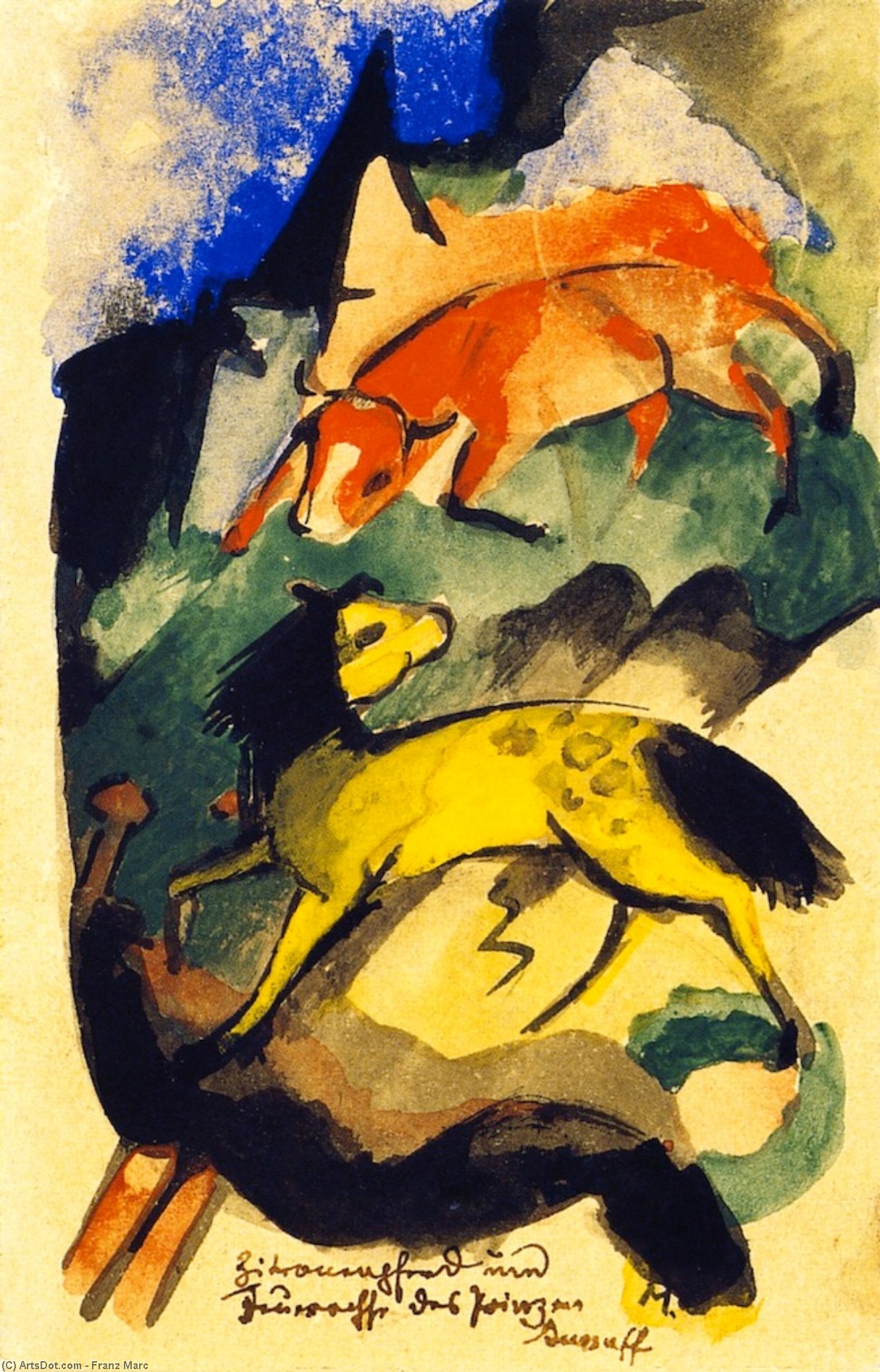 Wikioo.org - Bách khoa toàn thư về mỹ thuật - Vẽ tranh, Tác phẩm nghệ thuật Franz Marc - Prince Jussuff's Lemon Horse and Fire Ox