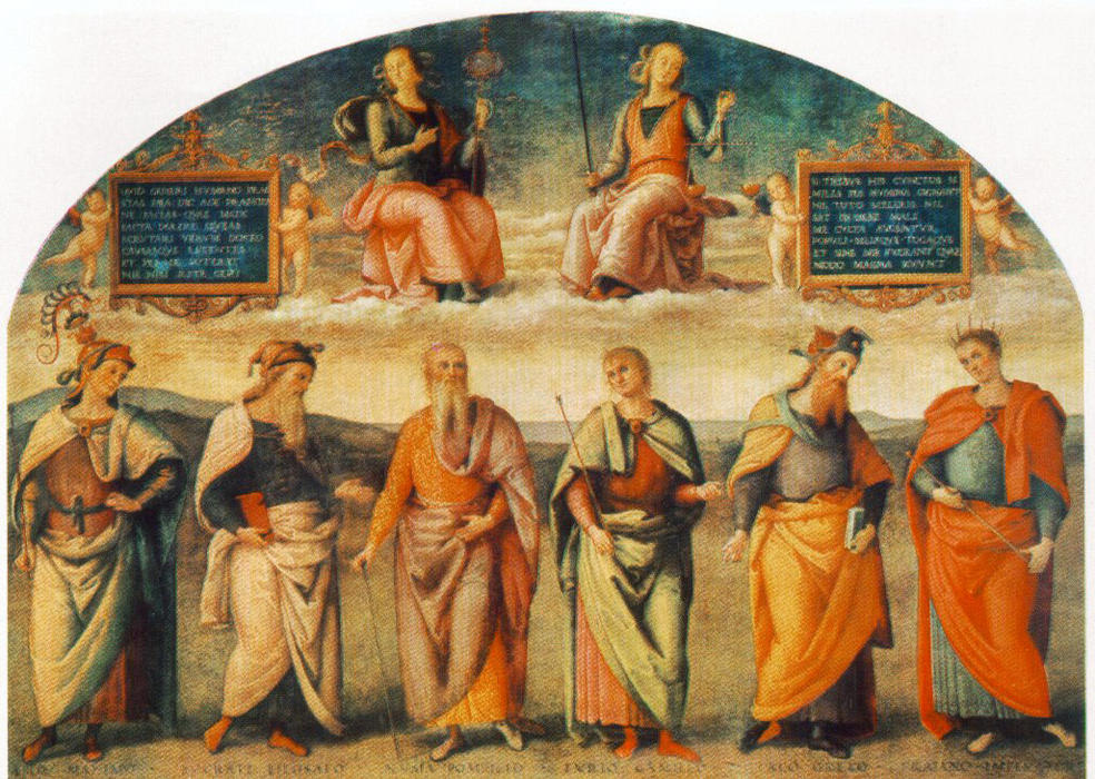 Wikioo.org - The Encyclopedia of Fine Arts - Painting, Artwork by Vannucci Pietro (Le Perugin) - Prudence and Justice with Six Antique Wisemen