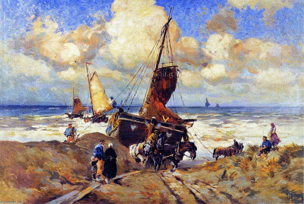 Wikioo.org - The Encyclopedia of Fine Arts - Painting, Artwork by Mathias Joseph Alten - Pulling a Boat to Shore