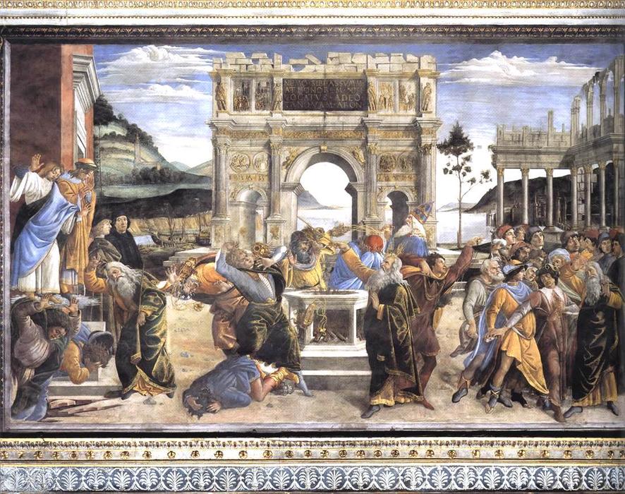 Wikioo.org – L'Enciclopedia delle Belle Arti - Pittura, Opere di Sandro Botticelli - la punizione di core e la lapidazione di mosè e di aronne ( cappella sistina , Vaticano )