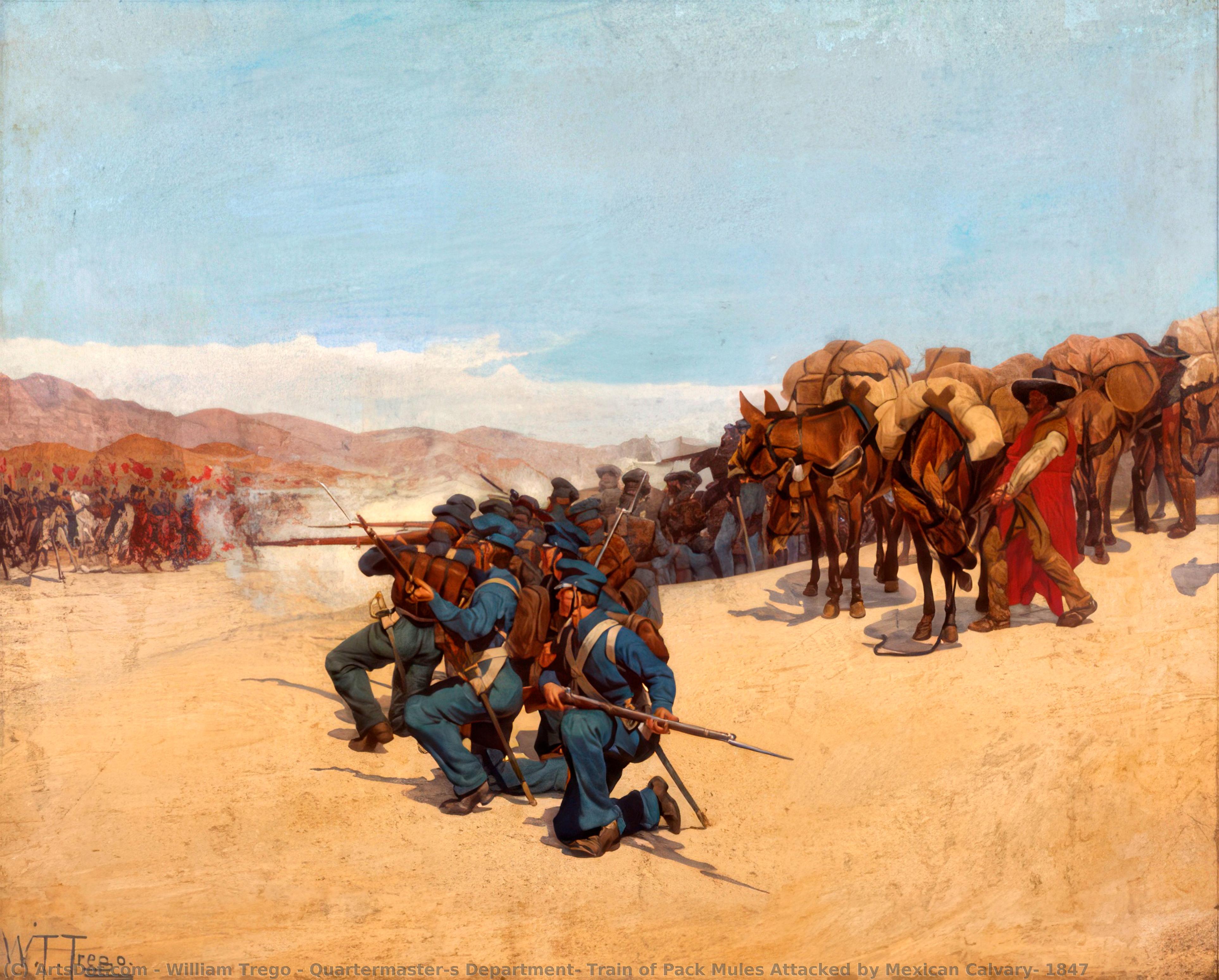 WikiOO.org - Encyclopedia of Fine Arts - Maalaus, taideteos William Trego - Quartermaster's Department: Train of Pack Mules Attacked by Mexican Calvary, 1847
