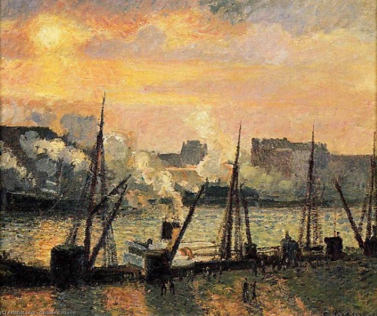 Wikioo.org - The Encyclopedia of Fine Arts - Painting, Artwork by Camille Pissarro - Quay in Rouen: Sunset