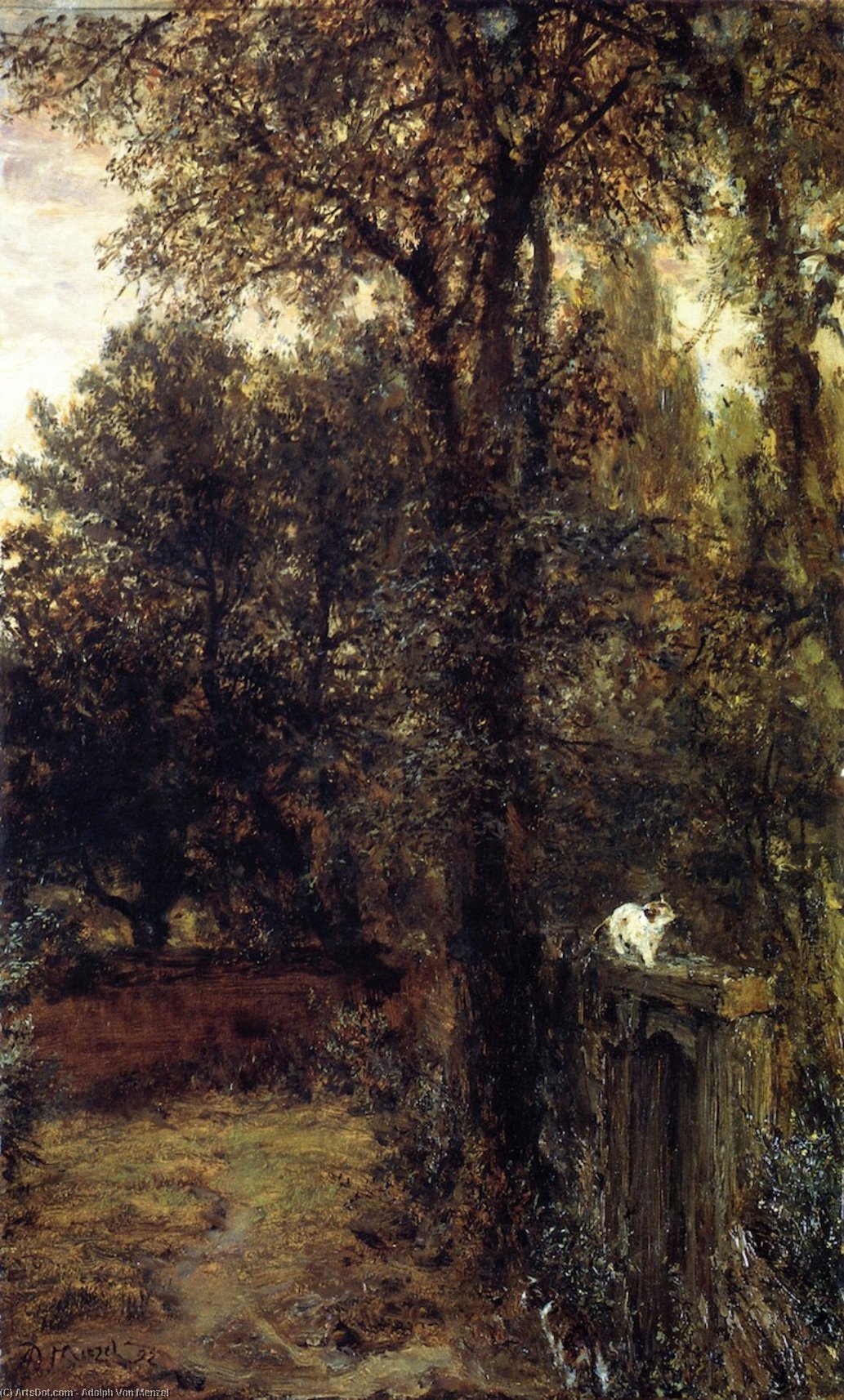 Wikioo.org - The Encyclopedia of Fine Arts - Painting, Artwork by Adolph Menzel - Quiet Corner (also known as Corner of an Old Park, with Two Cats)