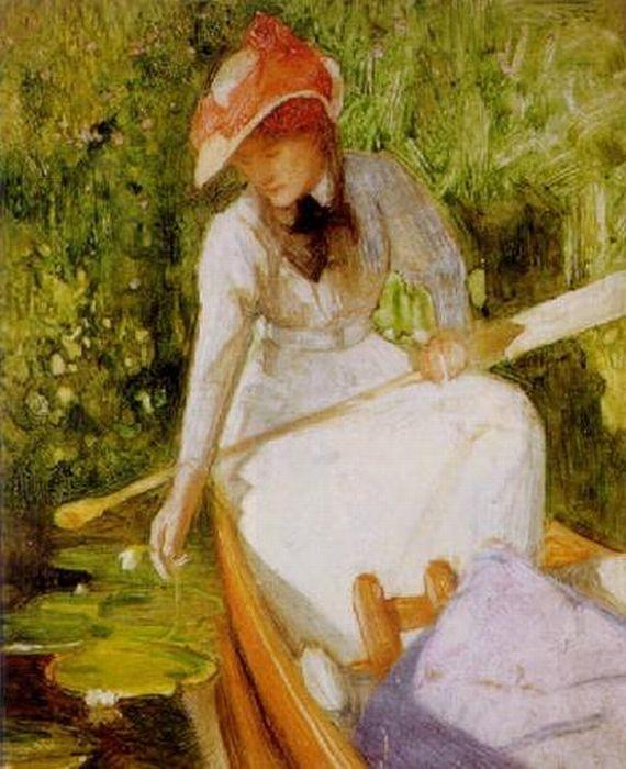 Wikioo.org - The Encyclopedia of Fine Arts - Painting, Artwork by Arthur Hacker - A Quiet Cove, Girl Canoeing
