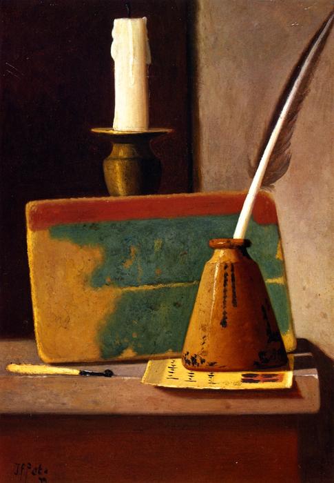 WikiOO.org - Encyclopedia of Fine Arts - Maleri, Artwork John Frederick Peto - Quill in Inkwell, Book and Candle