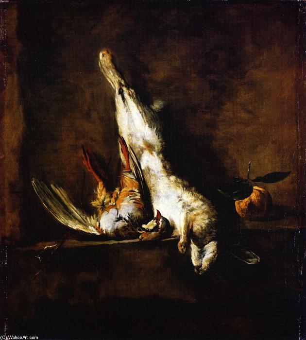 Wikioo.org - The Encyclopedia of Fine Arts - Painting, Artwork by Jean-Baptiste Simeon Chardin - Rabbit with Red Partridge and Seville Orange