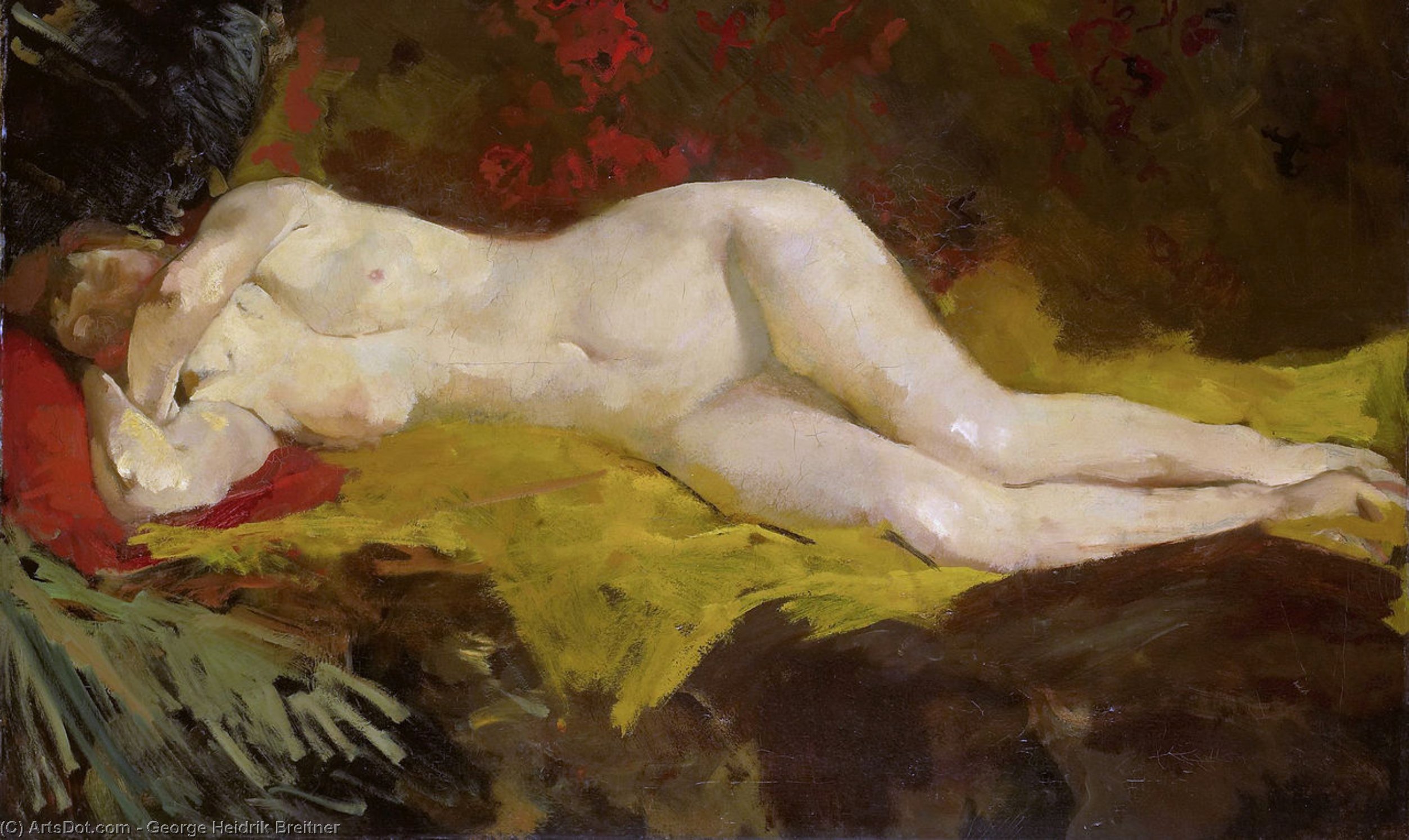 Wikioo.org – La Enciclopedia de las Bellas Artes - Pintura, Obras de arte de George Hendrik Breitner - desnuda reclinada ( también conocida como Ana , mentira desnuda en un tela de color amarillo )