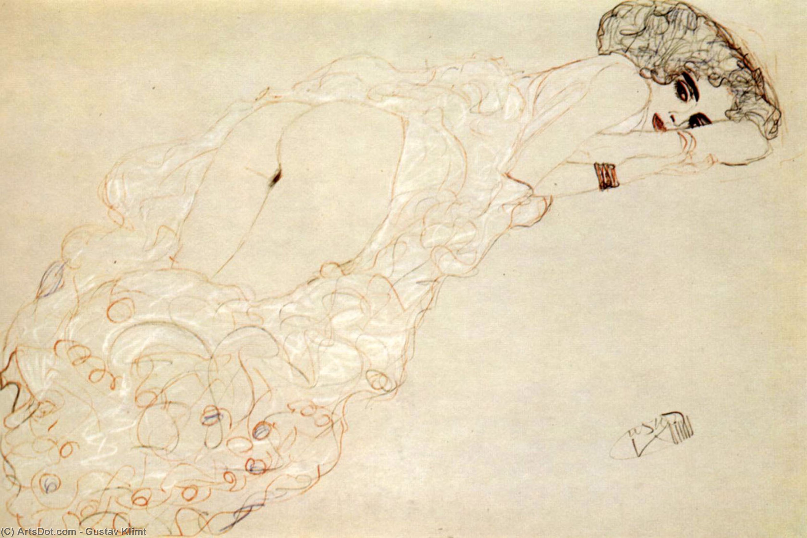 Wikioo.org - Bách khoa toàn thư về mỹ thuật - Vẽ tranh, Tác phẩm nghệ thuật Gustav Klimt - Reclining Nude Lying on Her Stomach and Facing Right