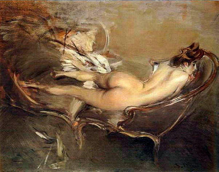 Wikioo.org – L'Encyclopédie des Beaux Arts - Peinture, Oeuvre de Giovanni Boldini - a nu couché en avant une JOUR planche