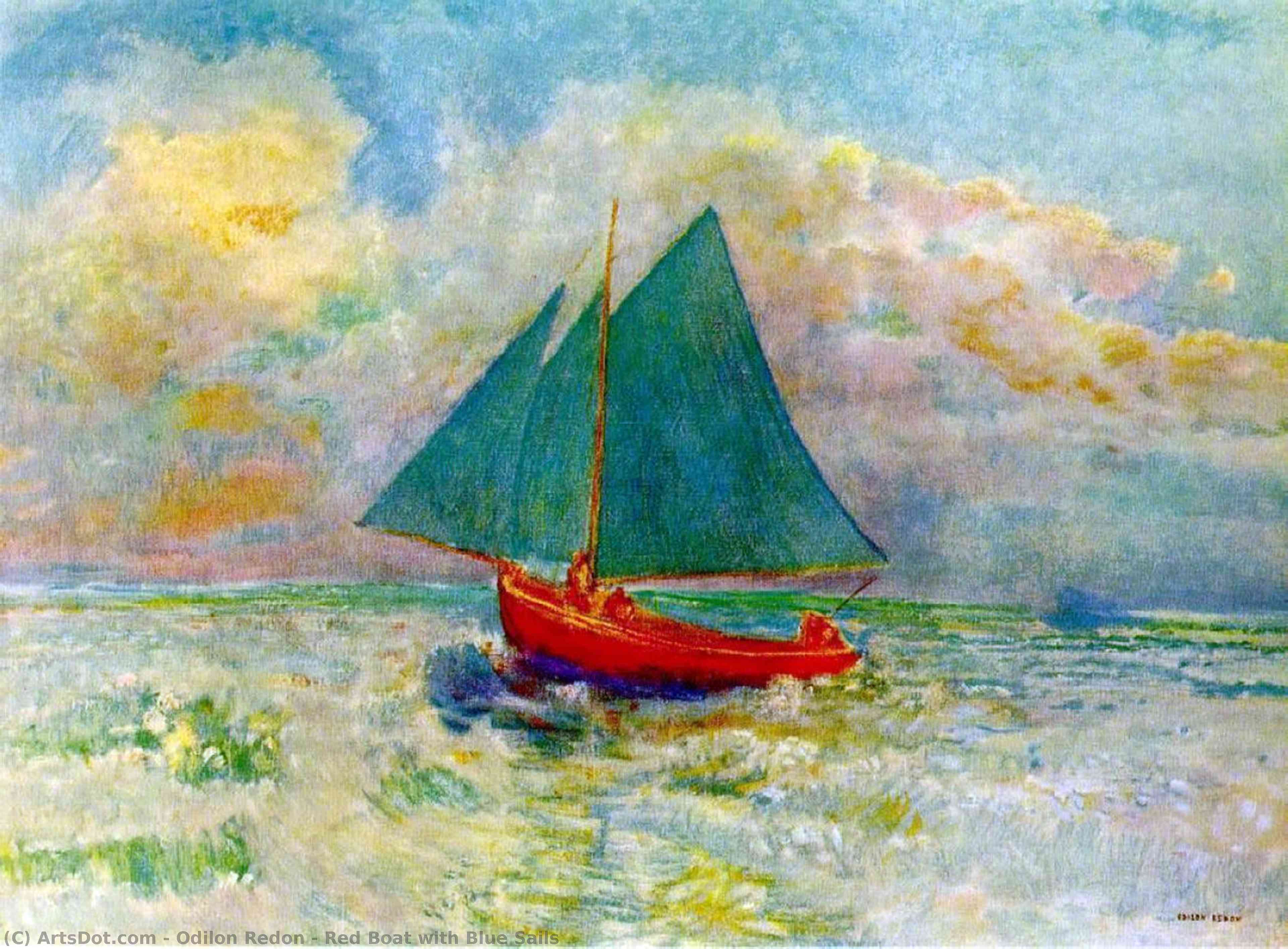 WikiOO.org - Encyclopedia of Fine Arts - Maľba, Artwork Odilon Redon - Red Boat with Blue Sails